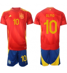Men's Spain Team #10 Dani Olmo 2024-25 Red Home Soccer Jersey Suit