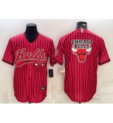 Men's Chicago Bulls Blank Red Pinstripe Team Big Logo With Patch Cool Base Stitched Baseball Jersey