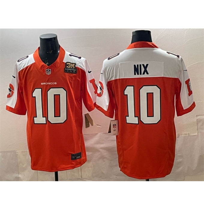 Men's Denver Broncos #10 Bo Nix Orange 2024 F.U.S.E. With 3-Time Champions Throwback Vapor Limited Alternate Football Stitched Jersey