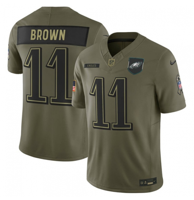 Men's Philadelphia Eagles #11 A.J. Brown Olive 2025 Salute to Service Limited Football Stitched Jersey