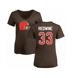 Football Women's Cleveland Browns #33 Sheldrick Redwine Brown Name & Number Logo T-Shirt