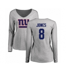 Football Women's New York Giants #8 Daniel Jones Ash Name & Number Logo Long Sleeve T-Shirt
