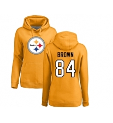 Football Women's Pittsburgh Steelers #84 Antonio Brown Gold Name & Number Logo Pullover Hoodie