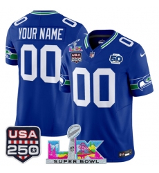 Men's Seattle Seahawks Active Player Custom Royal 2025 F.U.S.E. Super Bowl LX & US 250th anniversary Patch And 50th Season Patch Vapor Throwback Limited Fo