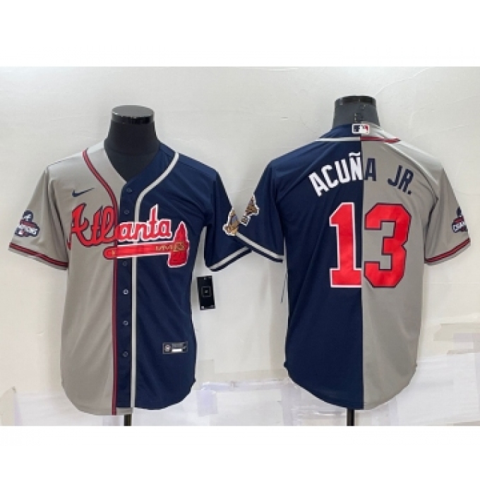 Men's Atlanta Braves #13 Ronald Acuna Jr Grey Navy Blue Two Tone Stitched Nike Jersey
