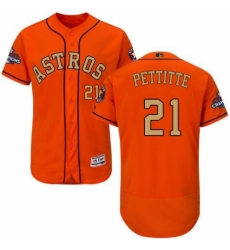 Men's Majestic Houston Astros #21 Andy Pettitte Orange Alternate 2018 Gold Program Flex Base Authentic Collection MLB Jersey