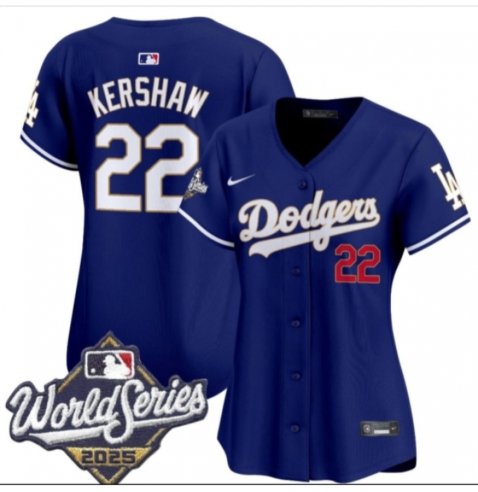 Women's Los Angeles Dodgers #22 Clayton Kershaw Royal 2025 World Series Limited Stitched Baseball Jersey(Run Small)