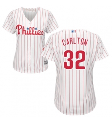 Women's Majestic Philadelphia Phillies #32 Steve Carlton Replica White/Red Strip Home Cool Base MLB Jersey