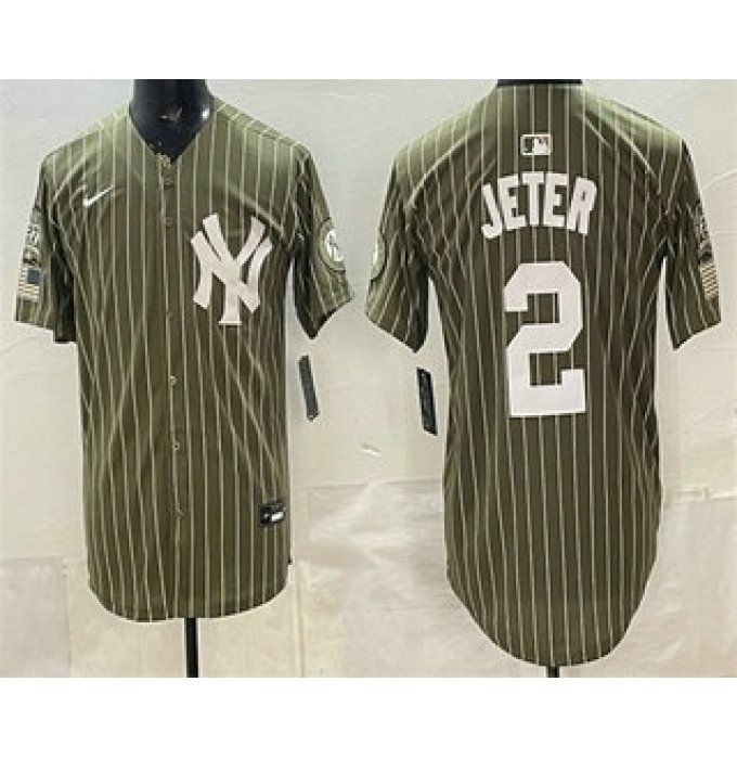 Men's New York Yankees #2 Derek Jeter Olive Pinstripe 2026 Armed Forces Day Salute To Service Jersey