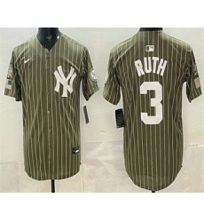 Men's New York Yankees #3 Babe Ruth Olive Pinstripe 2026 Armed Forces Day Salute To Service Jersey