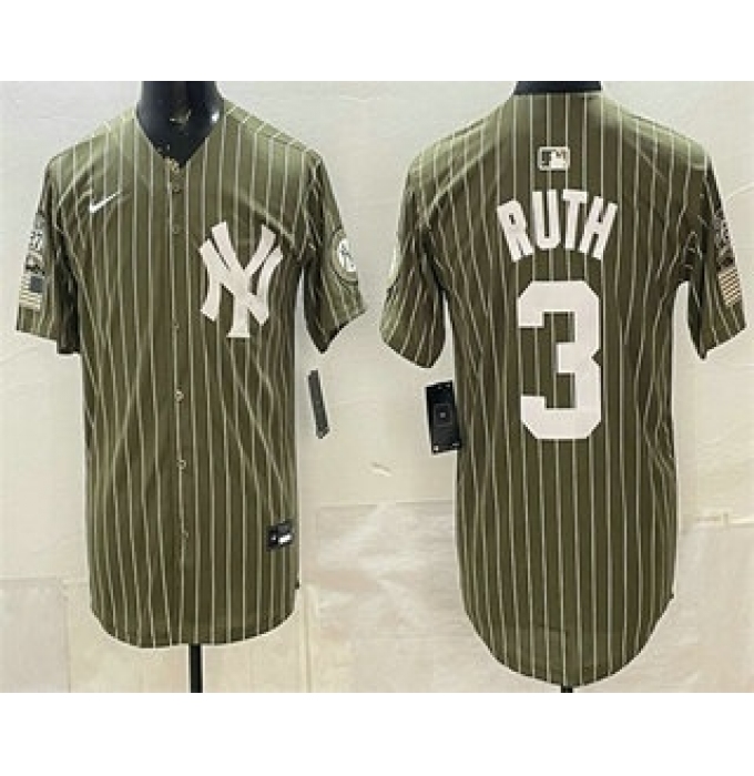 Men's New York Yankees #3 Babe Ruth Olive Pinstripe 2026 Armed Forces Day Salute To Service Jersey