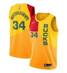 Men's Nike Milwaukee Bucks #34 Giannis Antetokounmpo Swingman Yellow NBA Jersey - City Edition