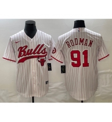 Men's Chicago Bulls #91 Dennis Rodman White Pinstripe Cool Base Stitched Baseball Jersey