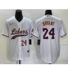 Men's Los Angeles Lakers #24 Kobe Bryant White Pinstripe Cool Base Stitched Baseball Jersey2