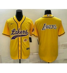 Mens Los Angeles Lakers Yellow Big Logo With Cool Base Stitched Baseball Jersey