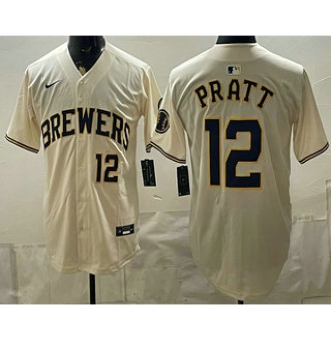 Men's Milwaukee Brewers #12 Cooper Pratt Cream Stitched Jersey