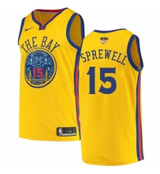 Men's Nike Golden State Warriors #15 Latrell Sprewell Authentic Gold 2018 NBA Finals Bound NBA Jersey - City Edition