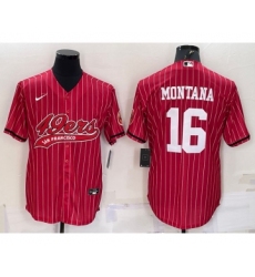 Men's San Francisco 49ers #16 Joe Montana Red Pinstripe With Patch Cool Base Stitched Baseball Jersey