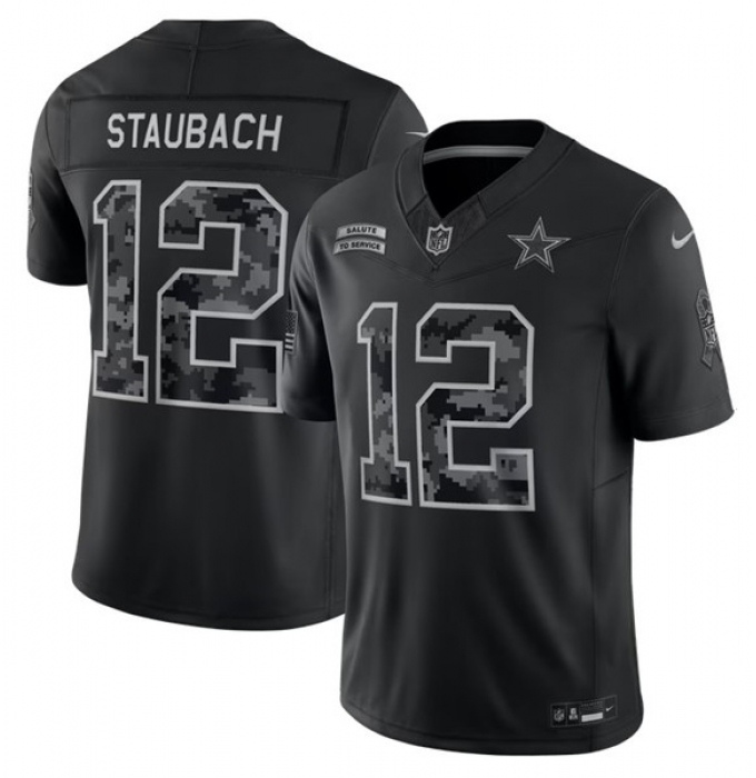 Men's Dallas Cowboys #12 Roger Staubach Black 2026 F.U.S.E. Salute to Service Limited Stitched Football Jersey