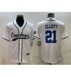 Men's Dallas Cowboys #21 Ezekiel Elliott White With Patch Cool Base Stitched Baseball Jersey