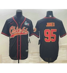 Men's Kansas City Chiefs #95 Chris Jones Black With Super Bowl LVII Patch Cool Base Stitched Baseball Jersey